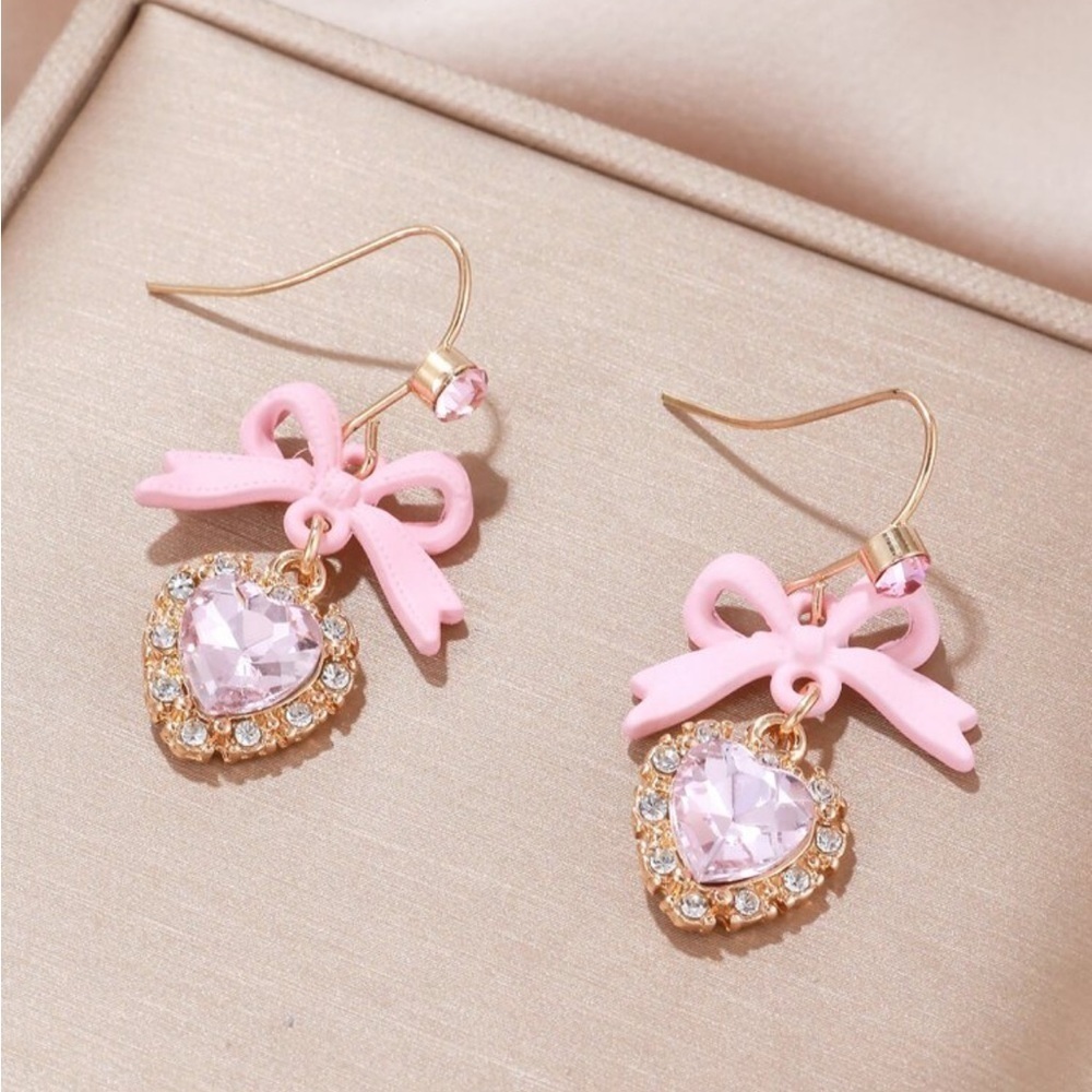 Pink Bow Rhinestone Dangle Earrings